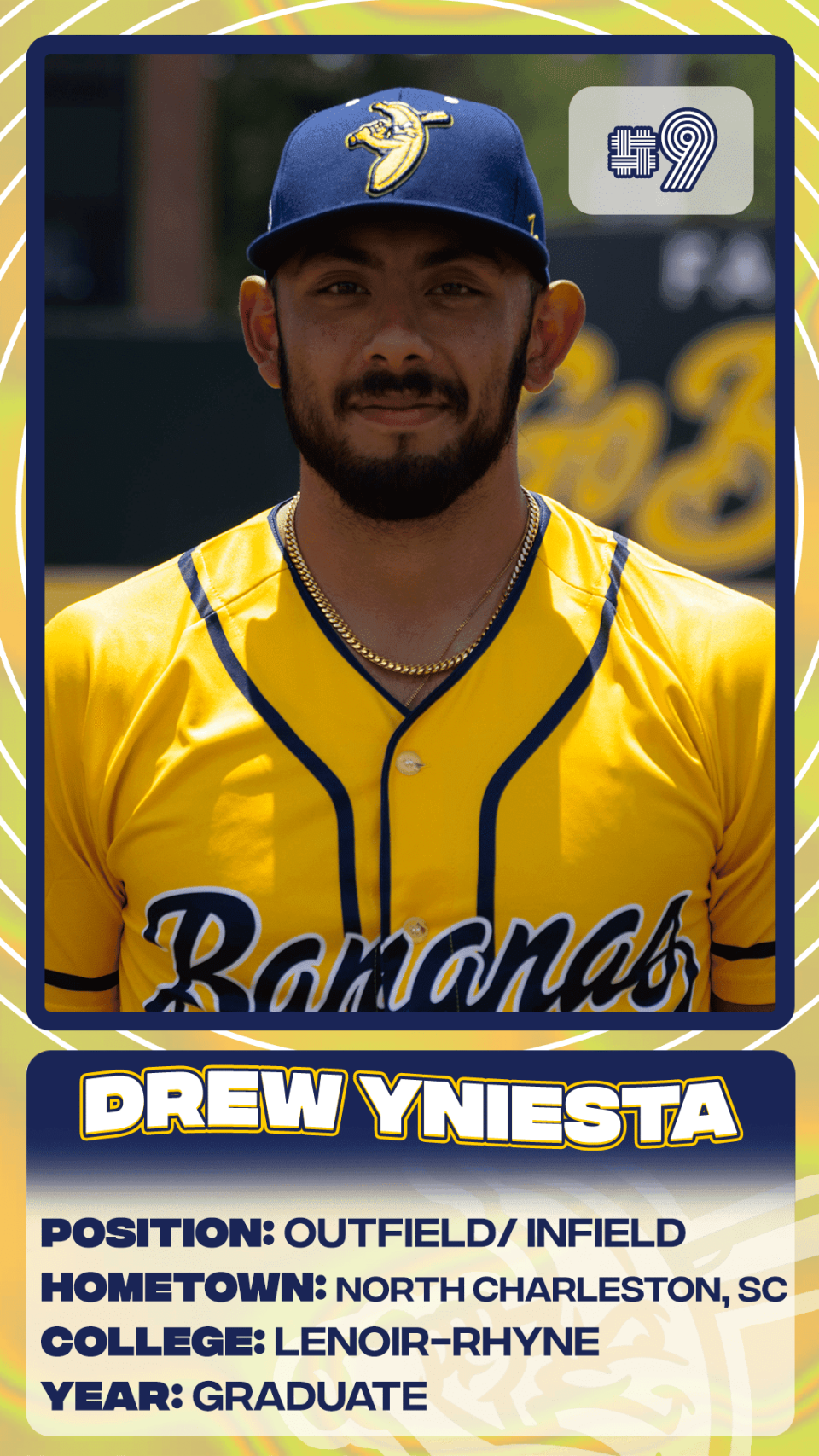 Savannah Bananas outfielder/infielder Drew Yniesta of Lenoir-Rhyne University.