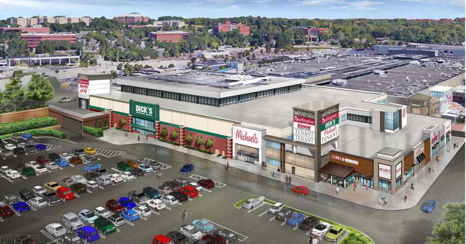 A rendering of retail storefronts at a mall