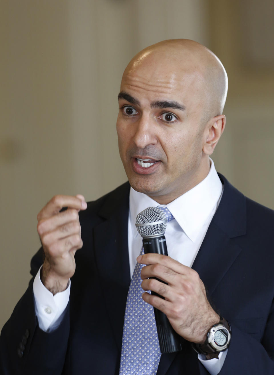 FILE - In this March 6, 2014, file photo, Republican gubernatorial candidate Neel Kashkari, answers questions at the Sacramento Press Club in Sacramento, Calif., Kashkari and Republican Assemblyman Tim Donnelly are challenging Gov. Jerry Brown in his bid to win reelection.(AP Photo/File)