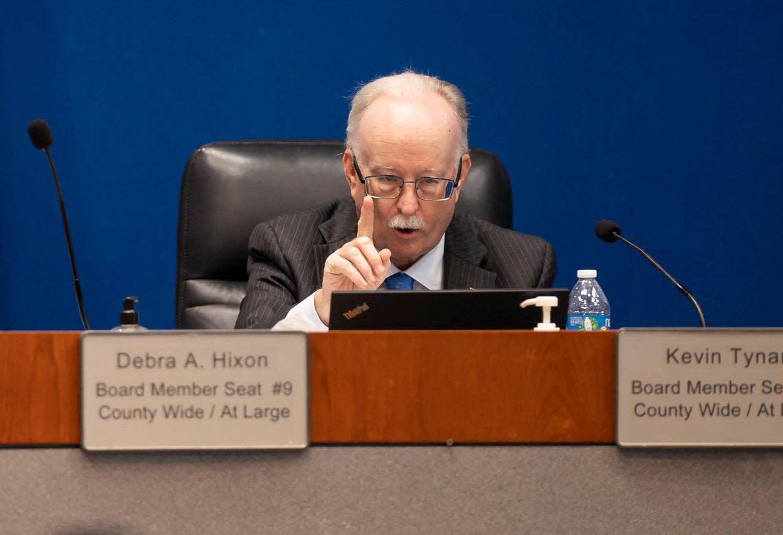 Broward County School Board member Kevin Tynan speaks during a meeting at the Kathleen C. Wright Administration Center on Monday, Nov. 14, 2022, in Fort Lauderdale, Fla. He said he was ‘conflicted’ over whether the board should fire Broward Superintendent Vickie Cartwright, but in the end voted to fire her in the 5-4 vote. He was one of the board members whom Gov. DeSantis appointed in August. MATIAS J. OCNER/mocner@miamiherald.com