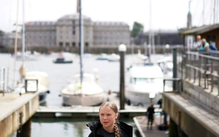 Swedish teenage climate activist Greta Thunberg attends a news conference ahead of her trans-Atlantic boat trip to New York in Plymouth