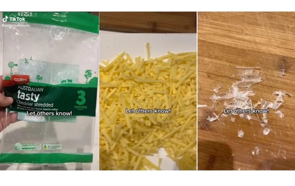 Pieces of plastic found in a packet of Coles cheese. Source: TikTok