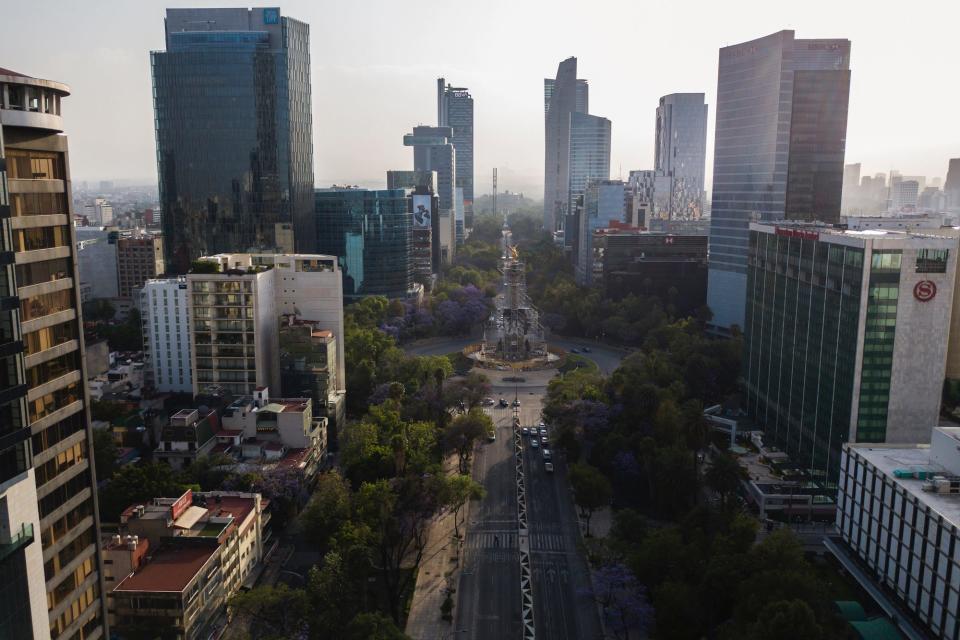 Aerial drone view of Reforma street on March 31 in Mexico City, Mexico.