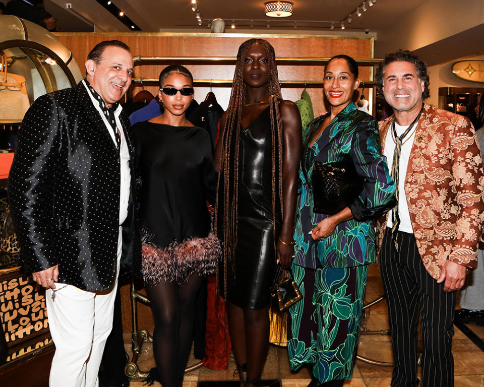 What Goes Around Comes Around co-founders Seth Weisser (left) and Gerard Maione (far right) with Lori Harvey, Jodie Turner-Smith and Tracee Ellis Ross on Thursday, Oct. 19, 2023 to celebrate WGACA's André Leon Talley Collection.