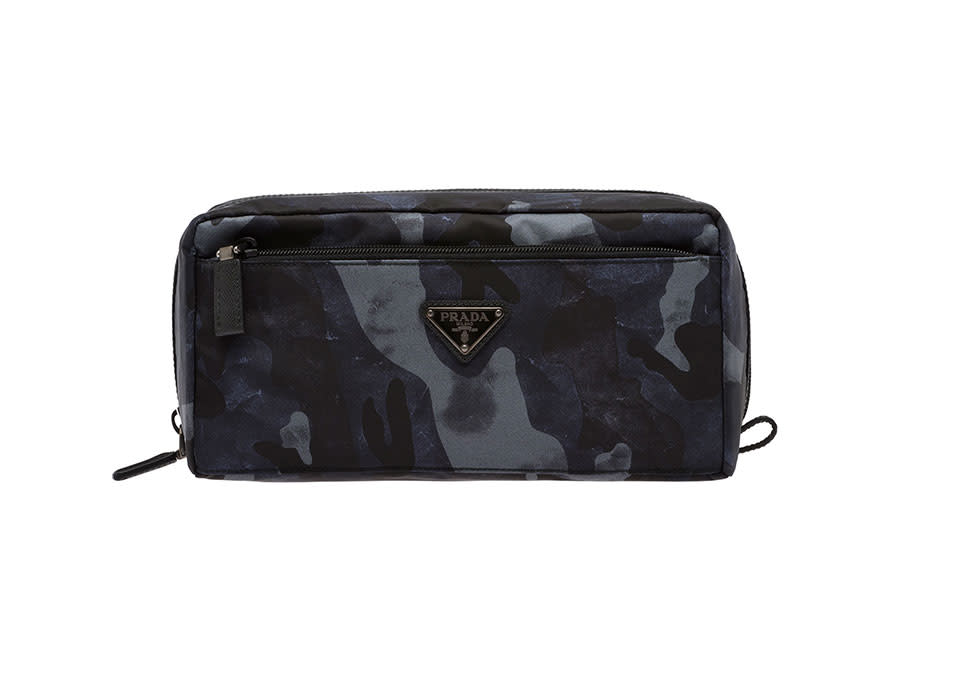 Prada Camouflage Print Nylon Cosmetic Pouch with Saffiano Leather Trim