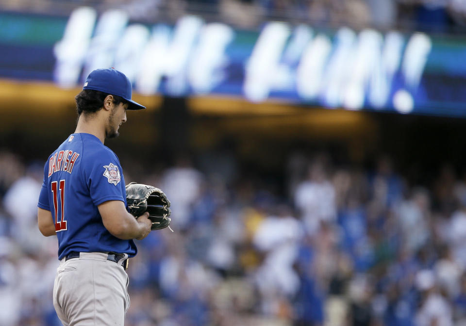 Chicago Cubs starting pitcher Yu Darvish waits after giving up a solo home run to Los Angeles Dodgers' Alex Verdugo during the fourth inning of a baseball game in Los Angeles, Saturday, June 15, 2019. (AP Photo/Alex Gallardo)