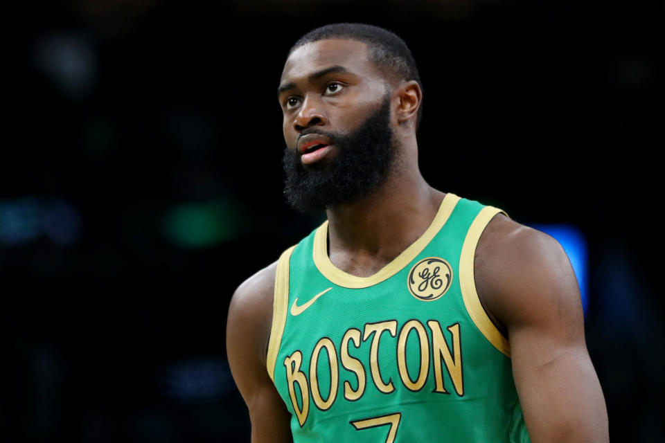 BOSTON, MASSACHUSETTS - DECEMBER 12: Jaylen Brown #7 of the Boston Celtics looks on during the game against the Philadelphia 76ers at TD Garden on December 12, 2019 in Boston, Massachusetts.  The 76ers defeat the Celtics 115-109. NOTE TO USER: User expressly acknowledges and agrees that, by downloading and or using this photograph, User is consenting to the terms and conditions of the Getty Images License Agreement.  (Photo by Maddie Meyer/Getty Images)