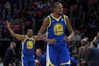 Dec 8, 2017; Detroit, MI, USA; Golden State Warriors forward Kevin Durant (35) celebrates after the third quarter against the Detroit Pistons at Little Caesars Arena. Mandatory Credit: Rick Osentoski-USA TODAY Sports