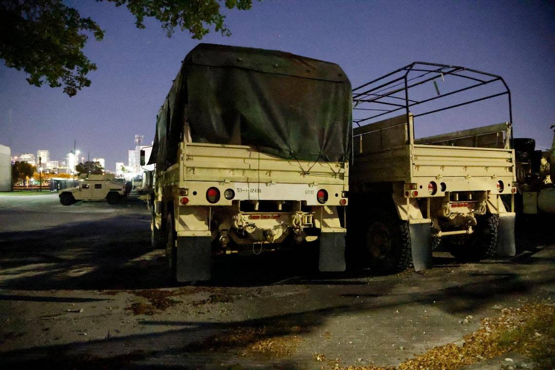 Governor Ron DeSantis activates the Florida National Guard to respond to South Florida migrants. These vehicles are parked at the Florida Army National Guard at 700 N.W. 28th Street in Miami on Friday, January 6, 2023.