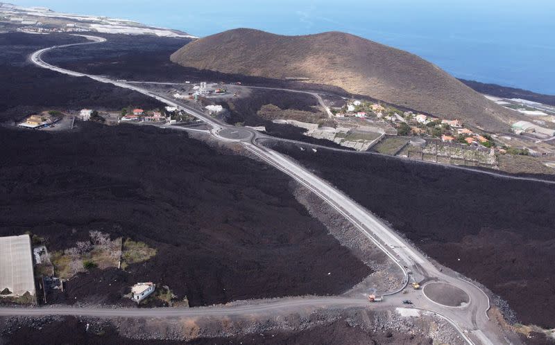 Aerial view of the new road built on the lava of the Tajogaite volcano