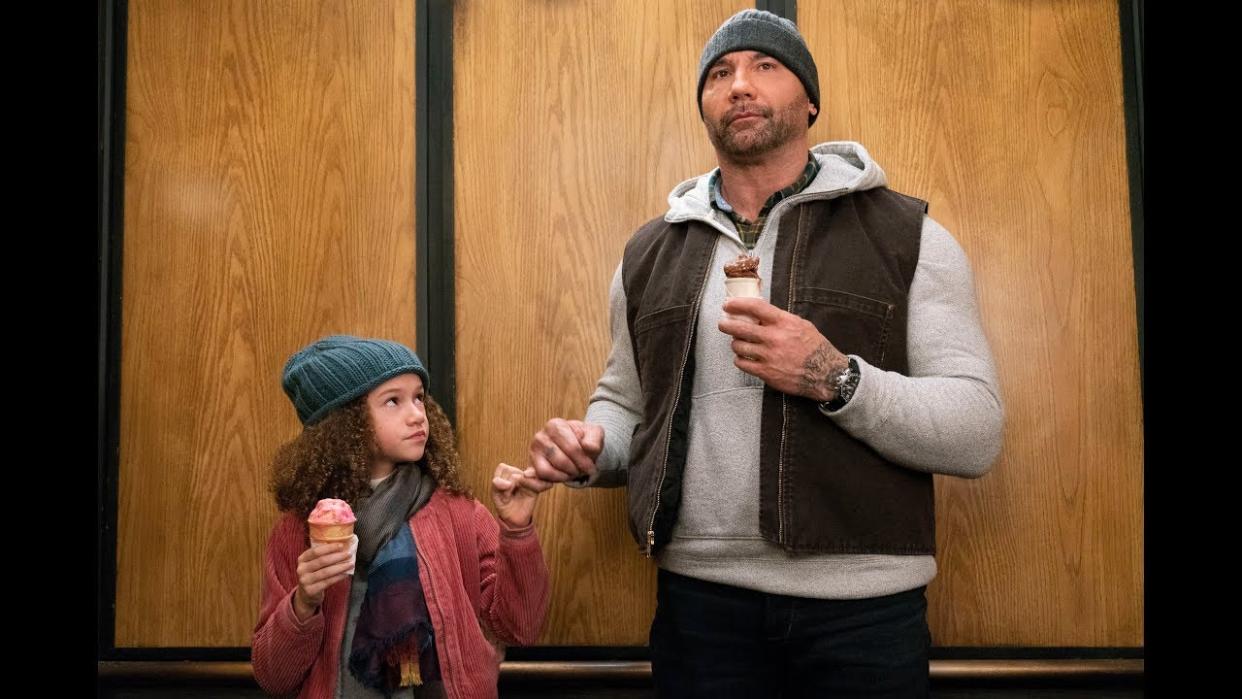  Dave Bautista and Chloe Coleman in My Spy 