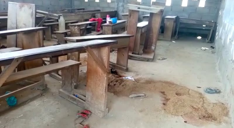 An empty clasroom is seen following a shooting at a school in Kumba