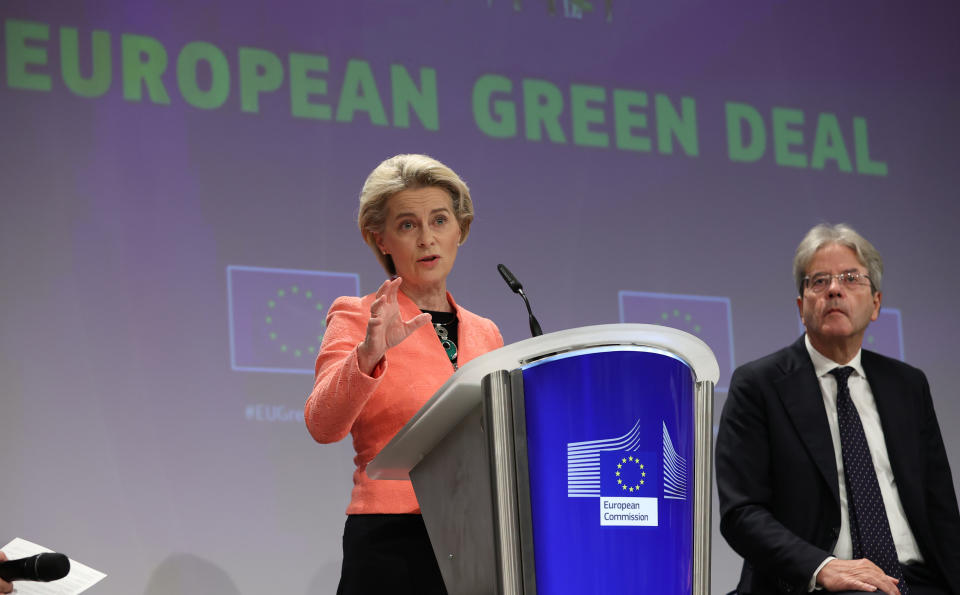 BRUSSELS, BELGIUM - JULY 14: Ursula von der Leyen, president of the European Commission attends a press conference as EU unveils a landmark climate plan in Brussels, Belgium, on, July 14, 2021. (Photo by Dursun Aydemir/Anadolu Agency via Getty Images)