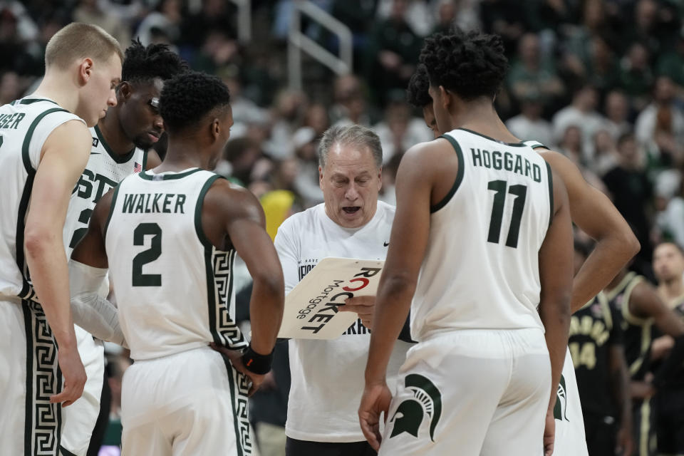 Michigan State head coach Tom Izzo talks to his team during the second half of an NCAA college basketball game against Purdue, Monday, Jan. 16, 2023, in East Lansing, Mich. (AP Photo/Carlos Osorio)