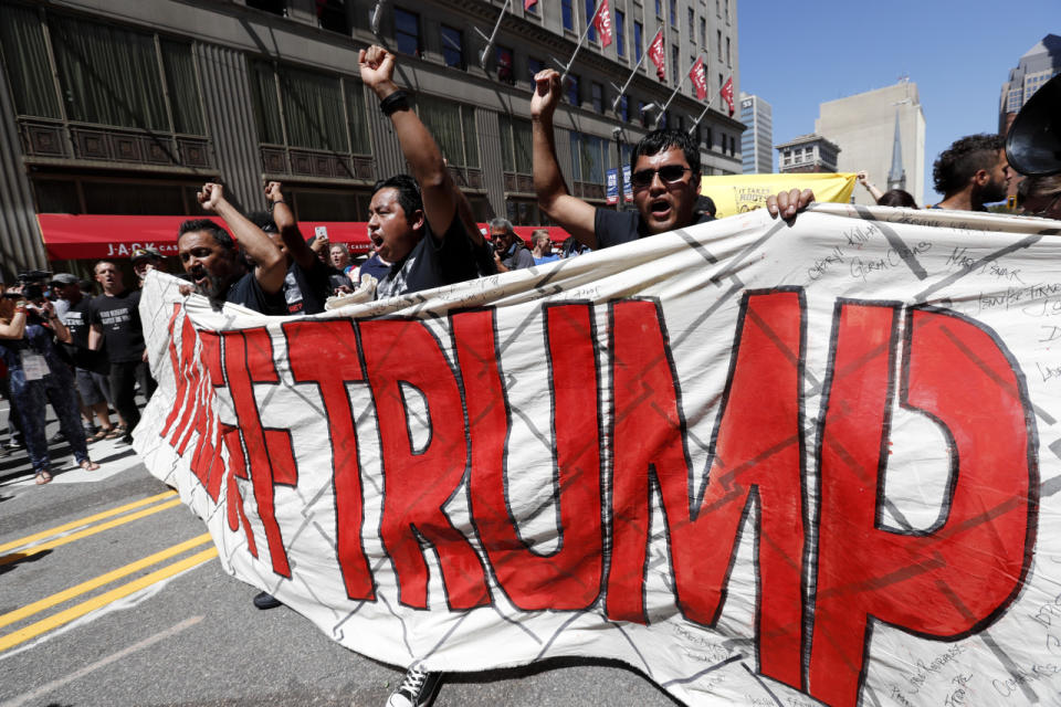 Demonstrators protest outside the RNC