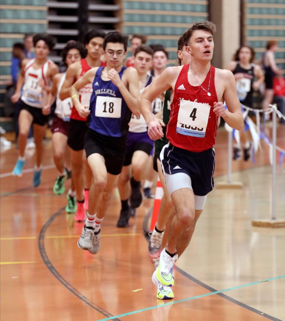 Connor Hitt (4) from Roy C. Ketcham High School placed first in the boys 3200 meter during the Suffern Invitational Track and Field meet at Rockland Community College in Suffern, Jan. 13, 2023.