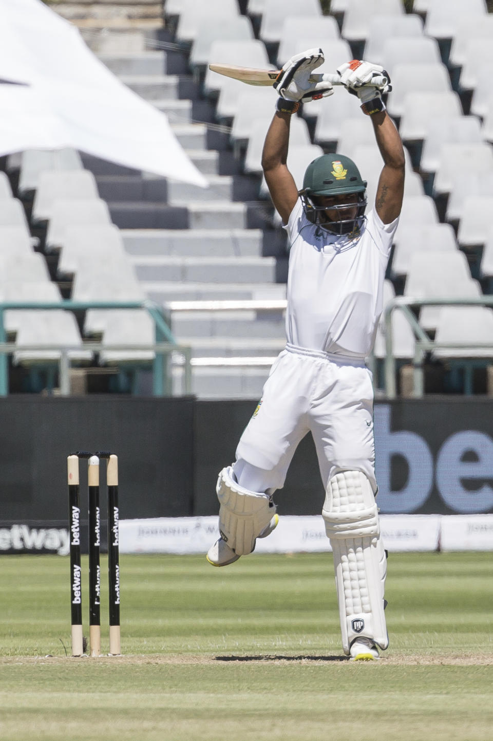 South African batsman Keegan Peterson avoids a bowl during the second day of the third and final test match between South Africa and India in Cape Town, South Africa, Wednesday, Jan. 12, 2022. (AP Photo/Halden Krog)