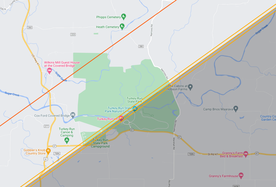 Much of Turkey Run State Park appears to lose the path of totality for the 2024 solar eclipse, according to a new eclipse map created by John Irwin with Astronomy blogsite Besselian Elements.