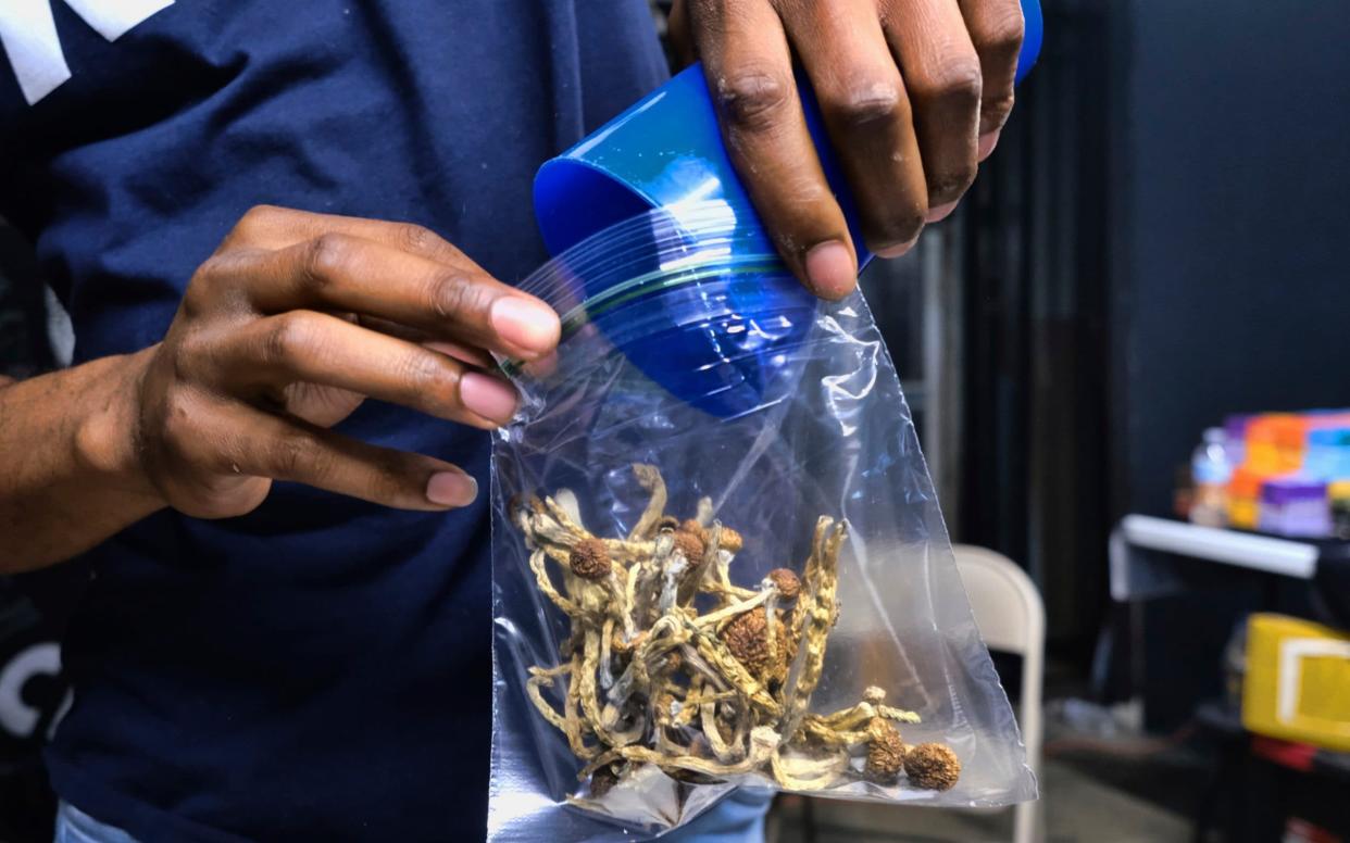 A vendor bags psilocybin mushrooms at a pop-up cannabis market in Los Angeles - Richard Vogel/AP