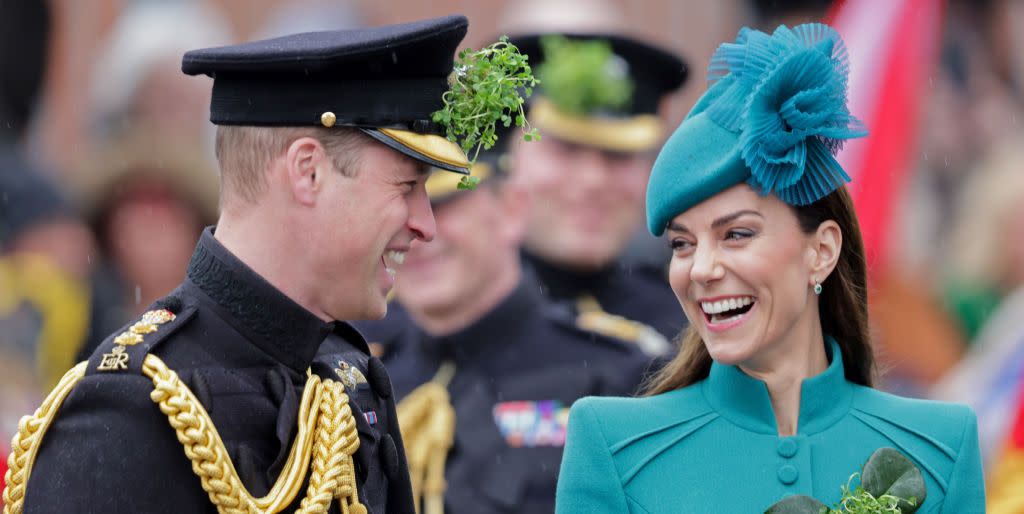 aldershot, england march 17 prince william, prince of wales and catherine, princess of wales laughing during the st patricks day parade at mons barracks on march 17, 2023 in aldershot, england catherine, princess of wales attends the parade for the first time as colonel of the regiment succeeding the prince of wales, the outgoing colonel photo by chris jackson wpa poolgetty images