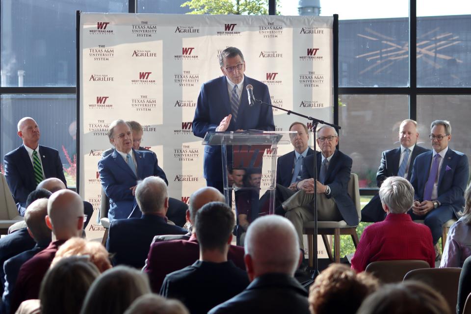 Dr. Walter Wendler, president of West Texas A&M University, talks about the impact of being a system regional institution during the announcement of the relocation of the AgriLife Research and Extension Center from Amarillo, to a new facility in Canyon to be built along Russell Long Boulevard, at a news conference Wednesday morning on campus.