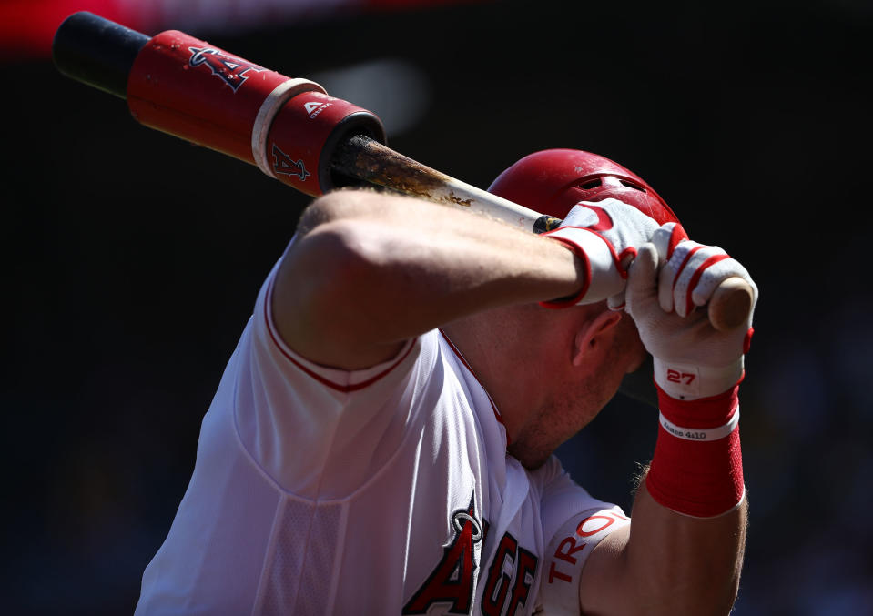 ANAHEIM, CA – SEPTEMBER 30: Mike Trout #27 of the Los Angeles Angels of Anaheim stands on-deck during the first inning of the MLB game against the Oakland Athletics at Angel Stadium on September 30, 2018 in Anaheim, California. The Angels defeatd the Athletics 5-4. (Photo by Victor Decolongon/Getty Images)