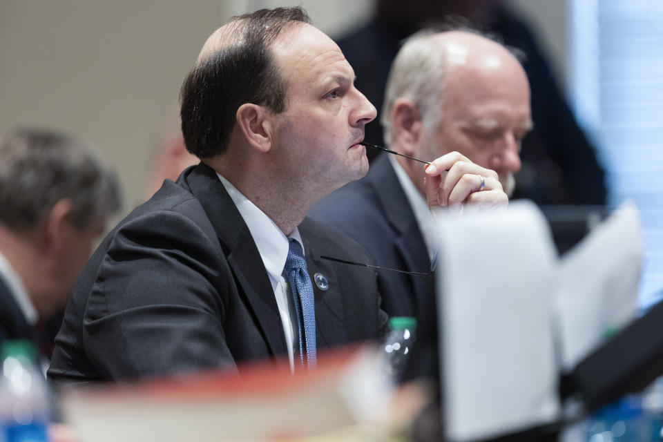 South Carolina Attorney General Alan Wilson listens to testimony during Alex Murdaugh's double murder trial at the Colleton County Courthouse, Friday, Feb. 10, 2023, in Walterboro, S.C. Murdaugh is standing trial on two counts of murder in the shootings of his wife and son at their Colleton County home and hunting lodge on June 7, 2021. (Joshua Boucher/The State via AP, Pool)