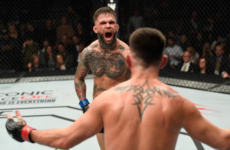 Cody Garbrandt lets out a yell during his win over Dominick Cruz at UFC 207. (Getty)