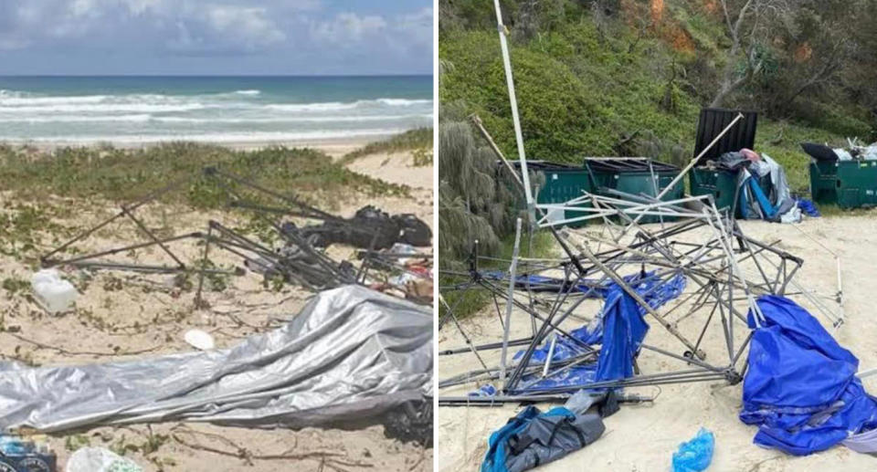 Camping gear was left strewn across the Noosa sand leaving locals fearing bans in the future. 