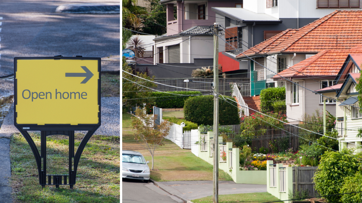 An open home sign on the sidewalk demonstrating a home is for sale and a row of houses in an Australian suburb to represent someone taking out a mortgage to buy a home.