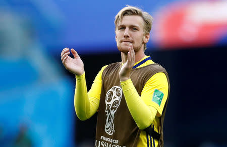 Soccer Football - World Cup - Round of 16 - Sweden vs Switzerland - Saint Petersburg Stadium, Saint Petersburg, Russia - July 3, 2018 Sweden's Emil Forsberg celebrates victory after the match REUTERS/Damir Sagolj