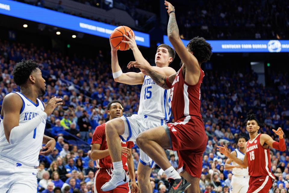 Wildcats guard Reed Sheppard goes to the basket during the second half against Alabama. Sheppard had eight points, six rebounds, six assists and four steals in Kentucky's home victory Saturday.