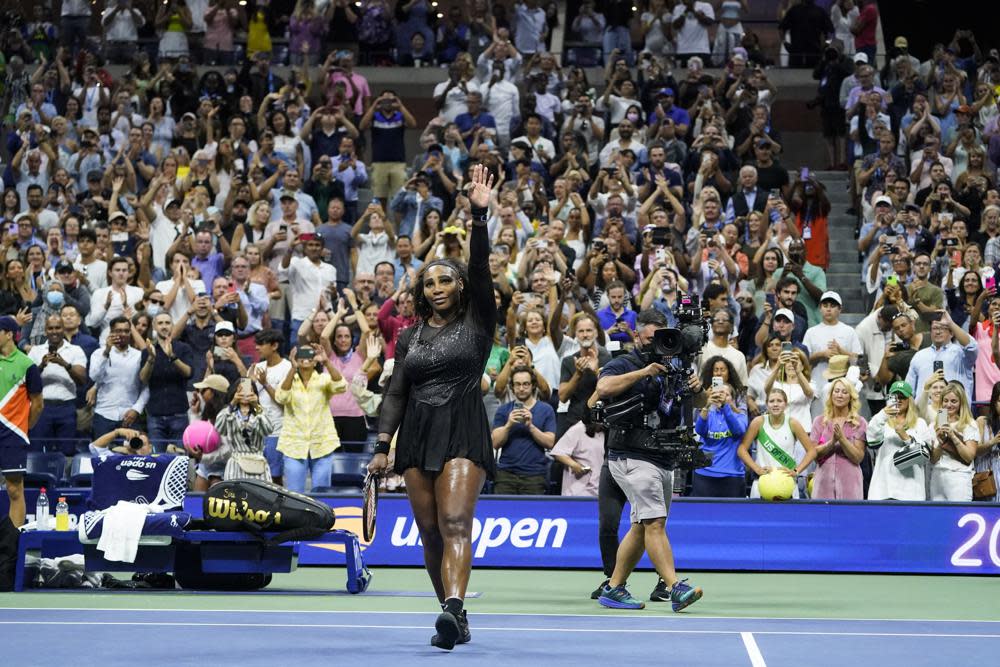 Serena Williams, of the United States, waves to the crowd after losing to Ajla Tomljanovic, of Austrailia, during the third round of the U.S. Open tennis championships, Friday, Sept. 2, 2022, in New York. (AP Photo/John Minchillo)