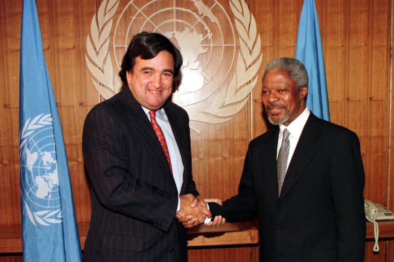 U.S. Ambassador to the United Nations Bill Richardson (L) shakes the hand of U.N. Secretary-General Kofi Annan on February 18, 1997. On June 26, 1945, the United Nations Charter drawn up at a conference in San Francisco, was signed by representatives of 50 nations -- the original U.N. members. File Photo by Jason Szenes/UPI