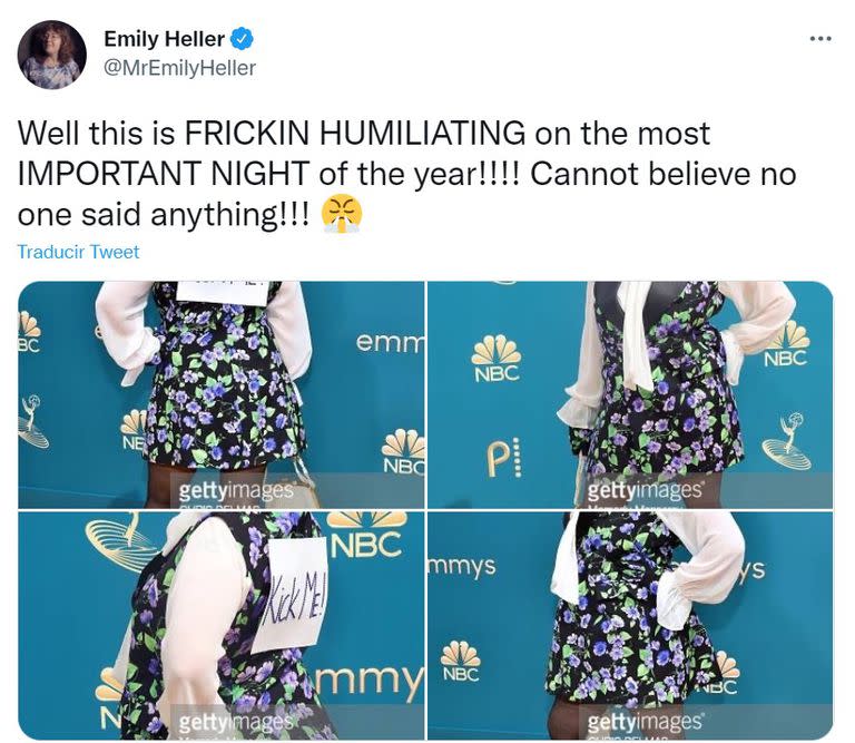 La actriz y productora Emily Heller lució un curioso atuendo en la gala.