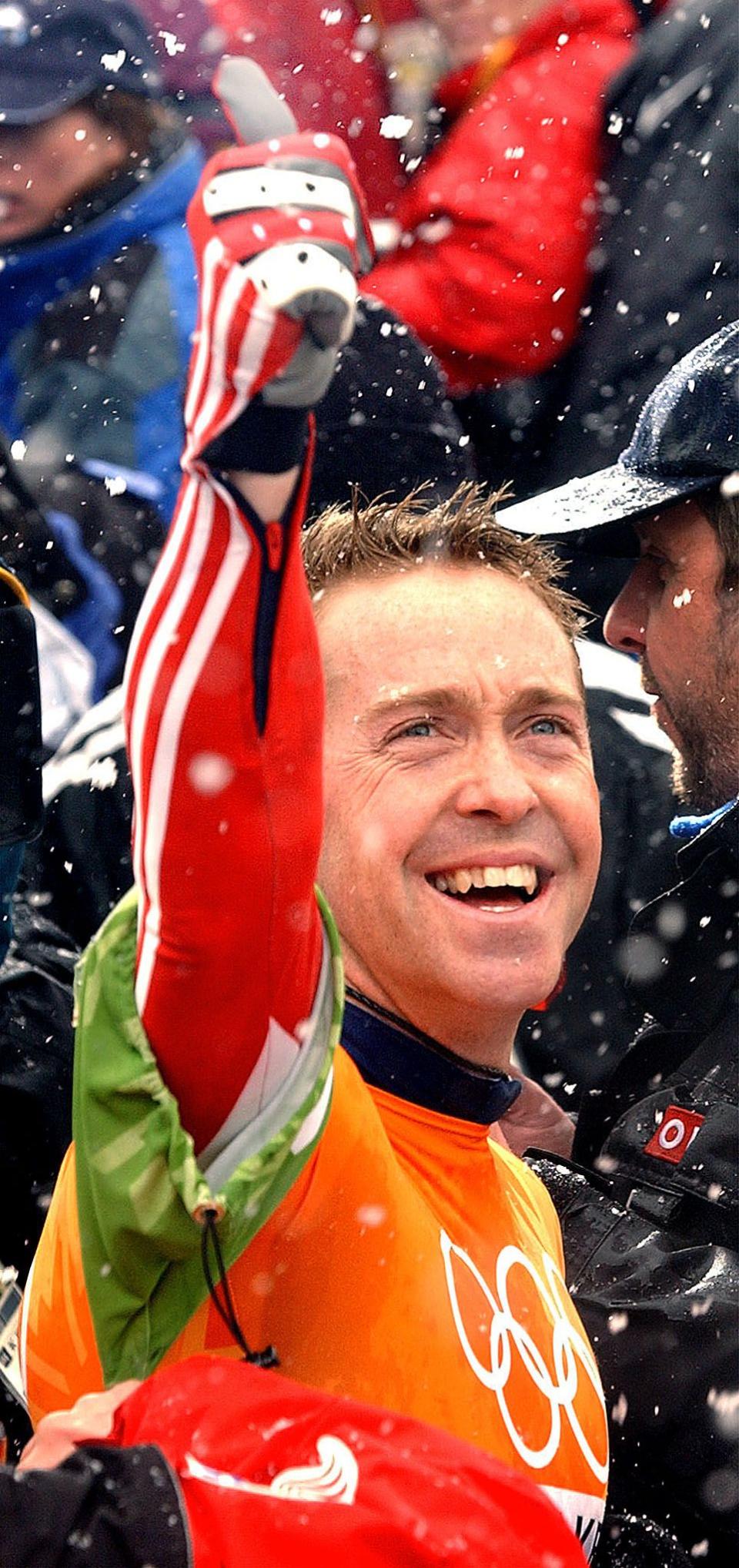 USA’s Jim Shea celebrates his gold-medal skeleton run at the Utah Olympic Park on Feb, 20, 2002. | Laura Seitz, Deseret News