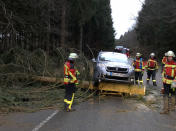 Dieser PKW konnte bei Dietenheim (Baden-Württemberg) nicht rechtzeitig ausweichen und setzte auf einem umgestürzten Baum auf. (Bild: Ralf Zwiebler/dpa)