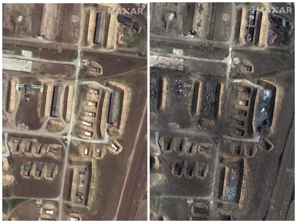 A composite of satellite images, both of an ammunition depot. The right image shows burned ground.