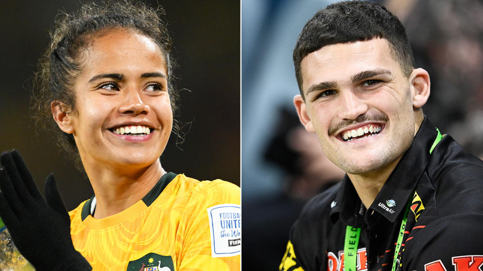 Mary Fowler smiles and Nathan Cleary reacts on the bench.