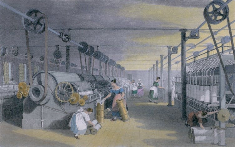 A painting featuring a loom in the industrial era.