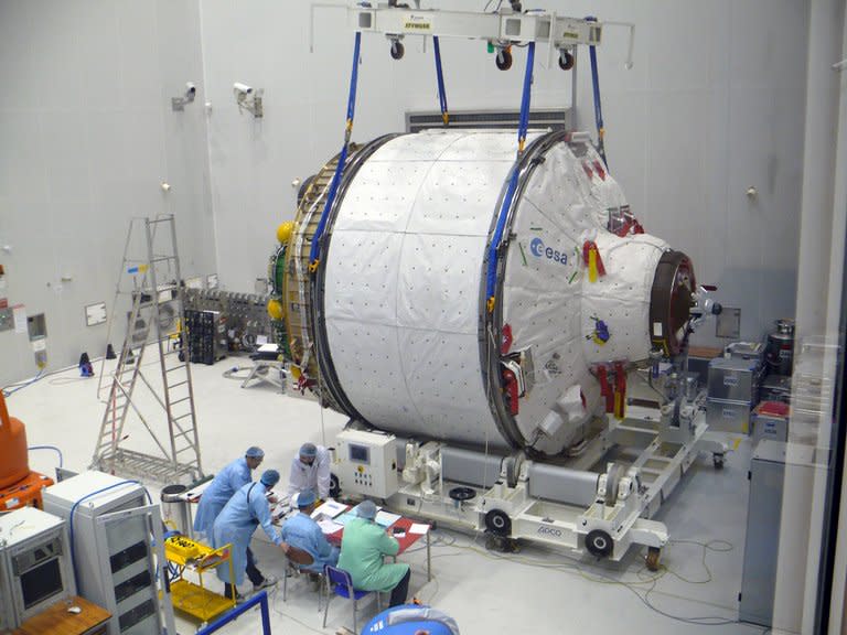 Handout picture released on January 16, 2013 by the European Space Agency (ESA) shows the ICC portion of the robot craft Albert Einstein being weighed at Kourou space center, French Guiana. A record 6.6 tonnes of cargo were hurtling towards the International Space Station after being blasted into orbit by the European rocket