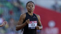 Allyson Felix competes in the first semi final of the women's 400-meter run at the U.S. Olympic Track and Field Trials Saturday, June 19, 2021, in Eugene, Ore. (AP Photo/Ashley Landis)