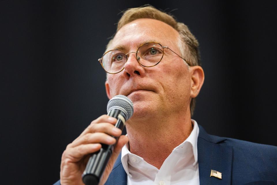 Utah Congressional 2nd District candidate Bill Hoster pauses while speaking during the Utah Republican Party’s special election at Delta High School in Delta on June 24, 2023. | Ryan Sun, Deseret News