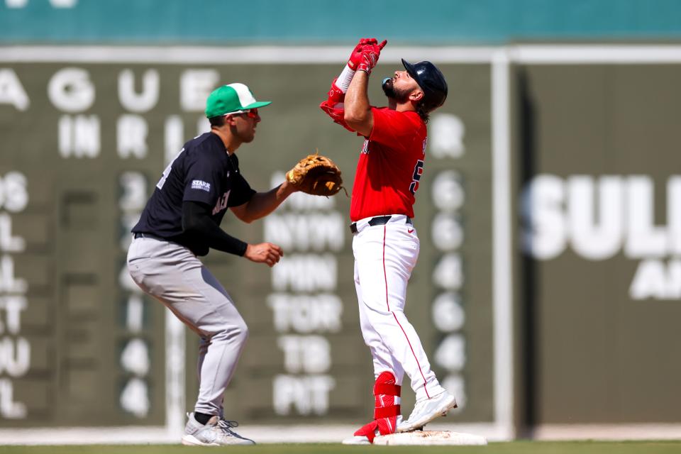 Red Sox center fielder Ceddanne Rafaela reacts after hitting an RBI double against the New York Yankees in a spring training game in mid-March in Fort Myers, Fla.