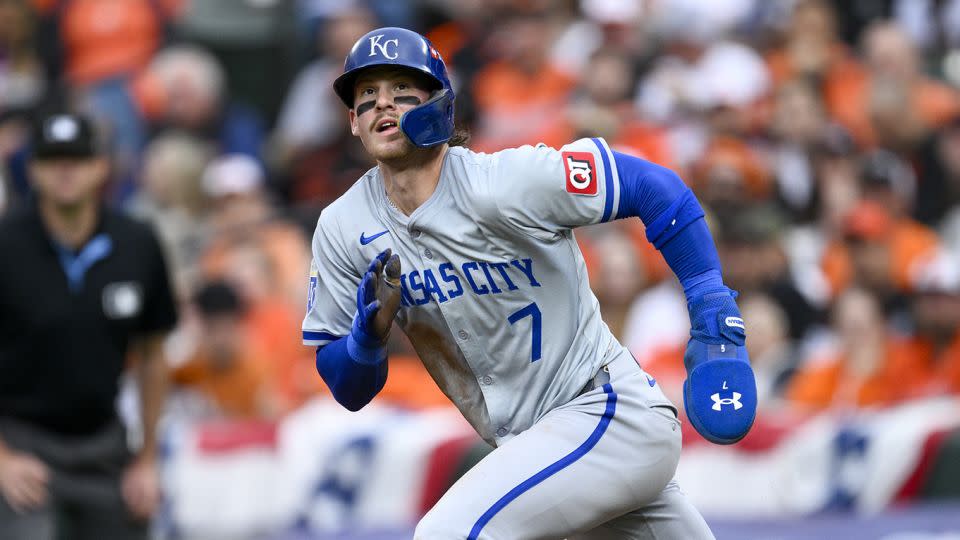 Bobby Witt Jr. runs from first to third base on a single by Salvador Perez during the third inning. - Nick Wass/AP