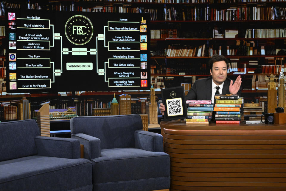 THE TONIGHT SHOW STARRING JIMMY FALLON -- Episode 1947 -- Pictured: Host Jimmy Fallon during the "Fallon Book Club Announcement" on Monday, March 25, 2024 -- (Photo by: Todd Owyoung/NBC via Getty Images)