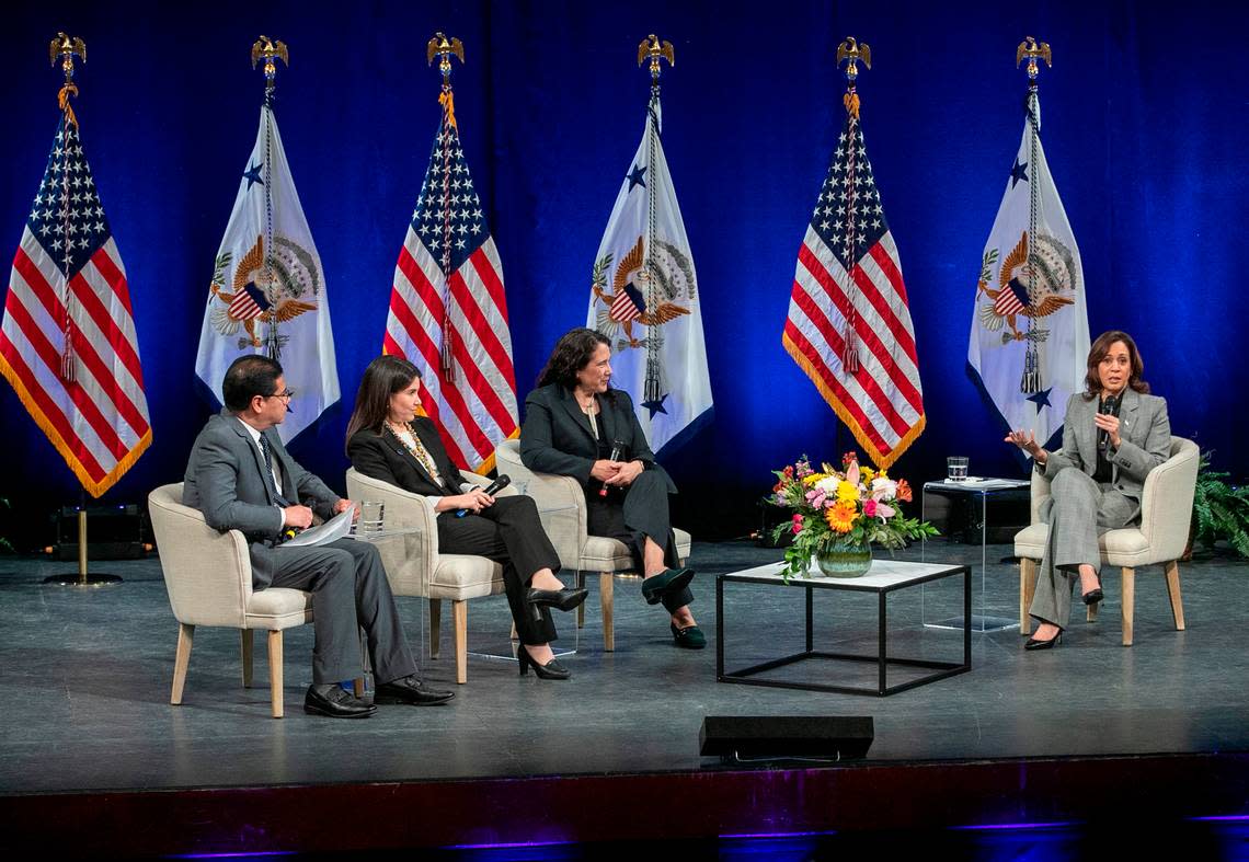From left, moderator Jorge Buzo, Vicky Garcia and Isabella Casillas Guzman participate in a discussion on Community Development and Small Businesses with Vice President Kamala Harris in the Fletcher Theatre at the Duke Energy Performing Arts Center on Monday, January 30, 2023 in Raleigh, N.C.