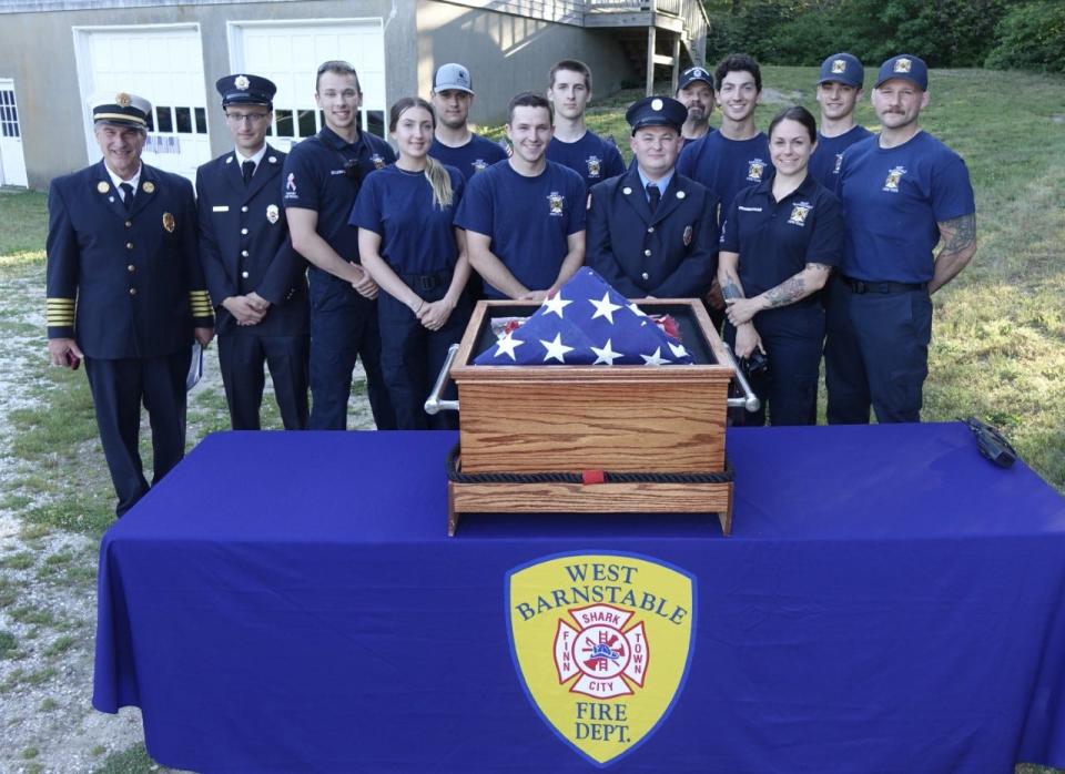 West Barnstable Fire Chief Joe Maruca, left, and his team at the Flag Day event June 14, a collaboration among the West Barnstable Fire Department, Meetinghouse Farm and the West Barnstable Civic Association.