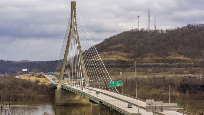 A view of the Veterans Memorial Bridge, a cable-stayed suspension that carries US 22 over the Ohio River between Weirton, West Virginia and Steubenville, Ohio.