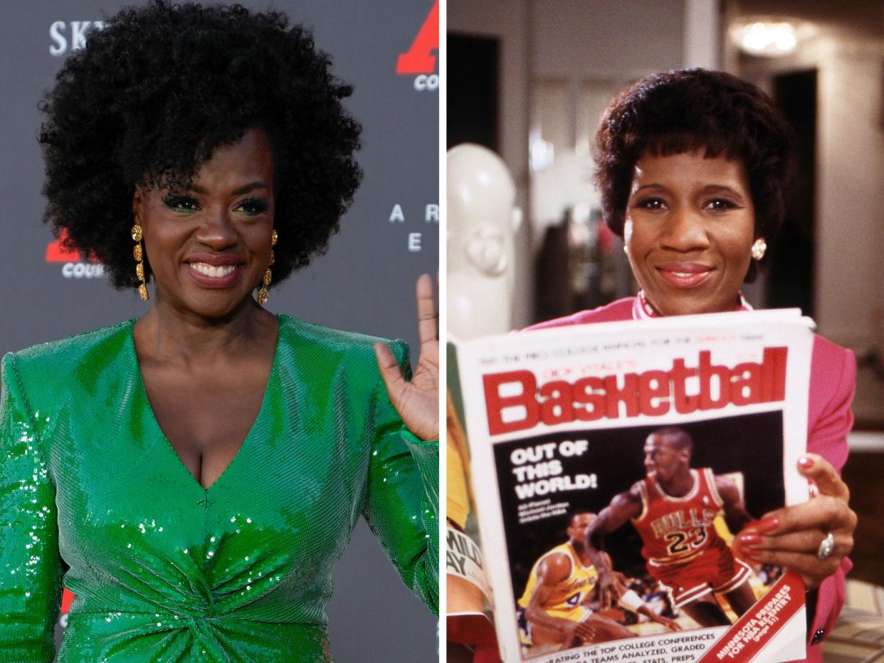 Viola Davis at the "AIR" premiere (left); Deloris Jordan reading a magazine with her son, Michael, on the cover.